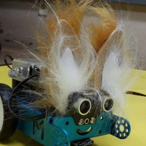 Robot costumed as a wolf with fabric ears and a wolf tail developed using mBot, an educational robot toolkit for children, which can move around randomly until it detects obstacles.