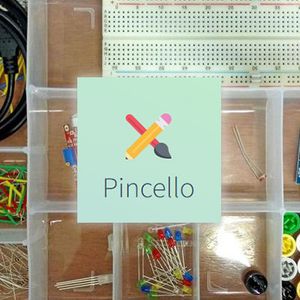 Electronics kit in the background of the Pincello logo, with an icon of a pencil and a paint brush crossed.